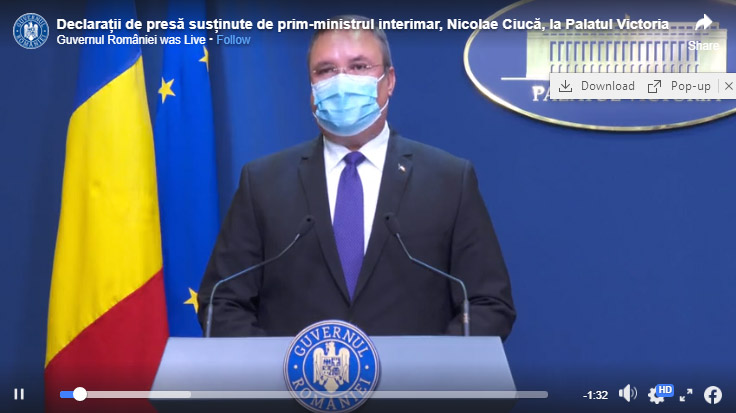 Declarații de presă susținute de prim-ministrul interimar, Nicolae Ciucă, la Palatul Victoria
