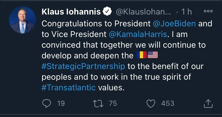 Klaus Iohannis, felicitări pentru președintele SUA, Joe Biden și vicepreședintele, Kamala Harris