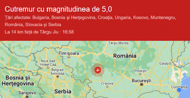 Cutremur cu magnitudinea de peste 5 grade Richter resimțit în mai multe orașe din România