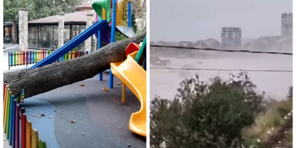 Imagini surprinse în timpul furtunii, la Constanţa. Maşini avariate de copacii doborâţi de vânt, un loc de joacă a fost distrus – VIDEO