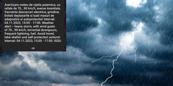 Cod portocaliu de vânt puternic, ploi torențiale, descărcări electrice și grindină în județul Constanța – constănțenii alertați prin mesaj RO-ALERT