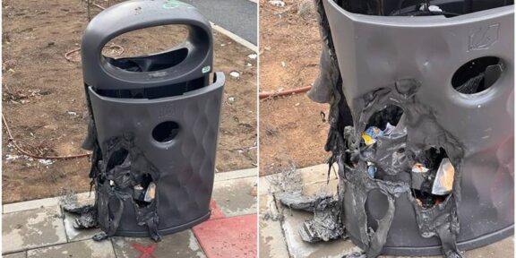 Un coș de gunoi din parcul Casei de Cultură a fost incendiat. Primăria Constanța: „Această investiție va fi făcută, încă o dată, din buzunarul nostru, al constănțenilor”