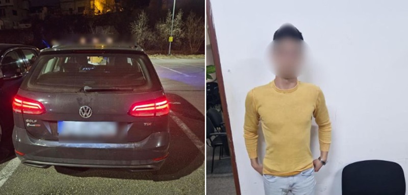 Prins de poliţiştii locali în timp ce conducea printr-o parcare cu un tânăr așezat pe capota mașinii