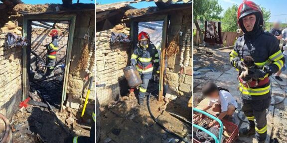(FOTO) Incendiu la o casă din județul Tulcea: două butelii au explodat în timpul intervenției – pompierii au reușit să salveze și doi cățeluși