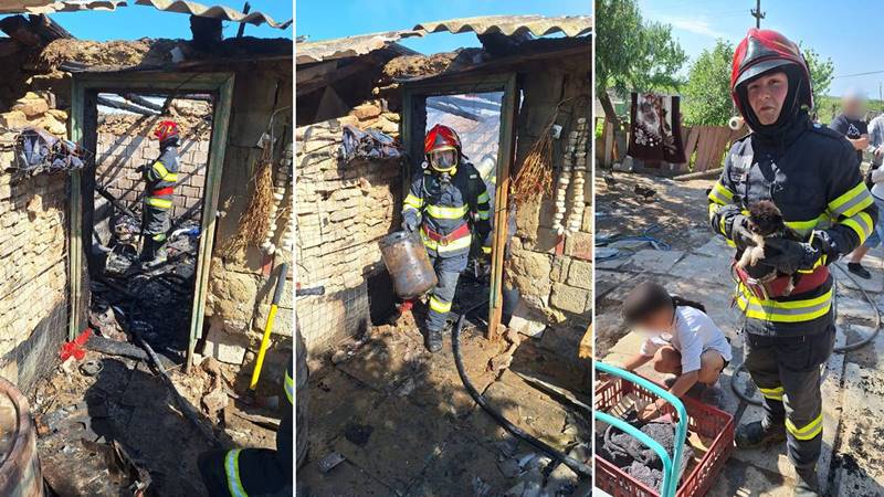 (FOTO) Incendiu la o casă din județul Tulcea: două butelii au explodat în timpul intervenției – pompierii au reușit să salveze și doi cățeluși