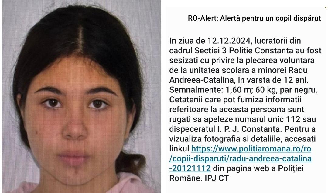 A fost găsită fata de 12 ani pentru care a fost emis şi un mesaj RO-ALERT. Un constănţean a sunat la 112 după ce a recunoscut-o pe stradă