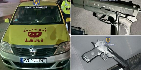 (FOTO) Focuri de armă în urma unui incident în trafic, în comuna Mircea Vodă: oamenii legii au reținut un bărbat și au confiscat o mașină și trei arme neletale