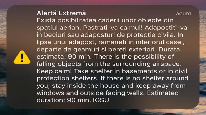 Mesaj RO-Alert pentru nordul județului Tulcea privind posibilitatea căderii unor obiecte din spațiul aerian