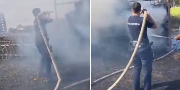 (VIDEO) Reacție promptă a unui jandarm. Ștefan a intervenit la un incendiu izbucnit la un magazin din Mangalia