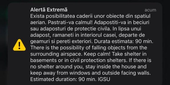Mesaj RO-Alert pentru nordul județului Tulcea. Există riscul căderii unor obiecte din spațiul aerian