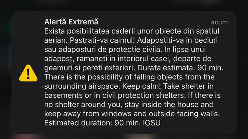 Mesaj RO-Alert în nordul judeţului Tulcea – posibilă cădere de obiecte din spaţiul aerian