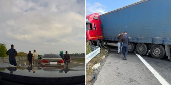 (FOTO/VIDEO) Jandarmii constănțeni, primii la fața locului după un accident pe A2: au acordat primul ajutor și au prevenit un incendiu